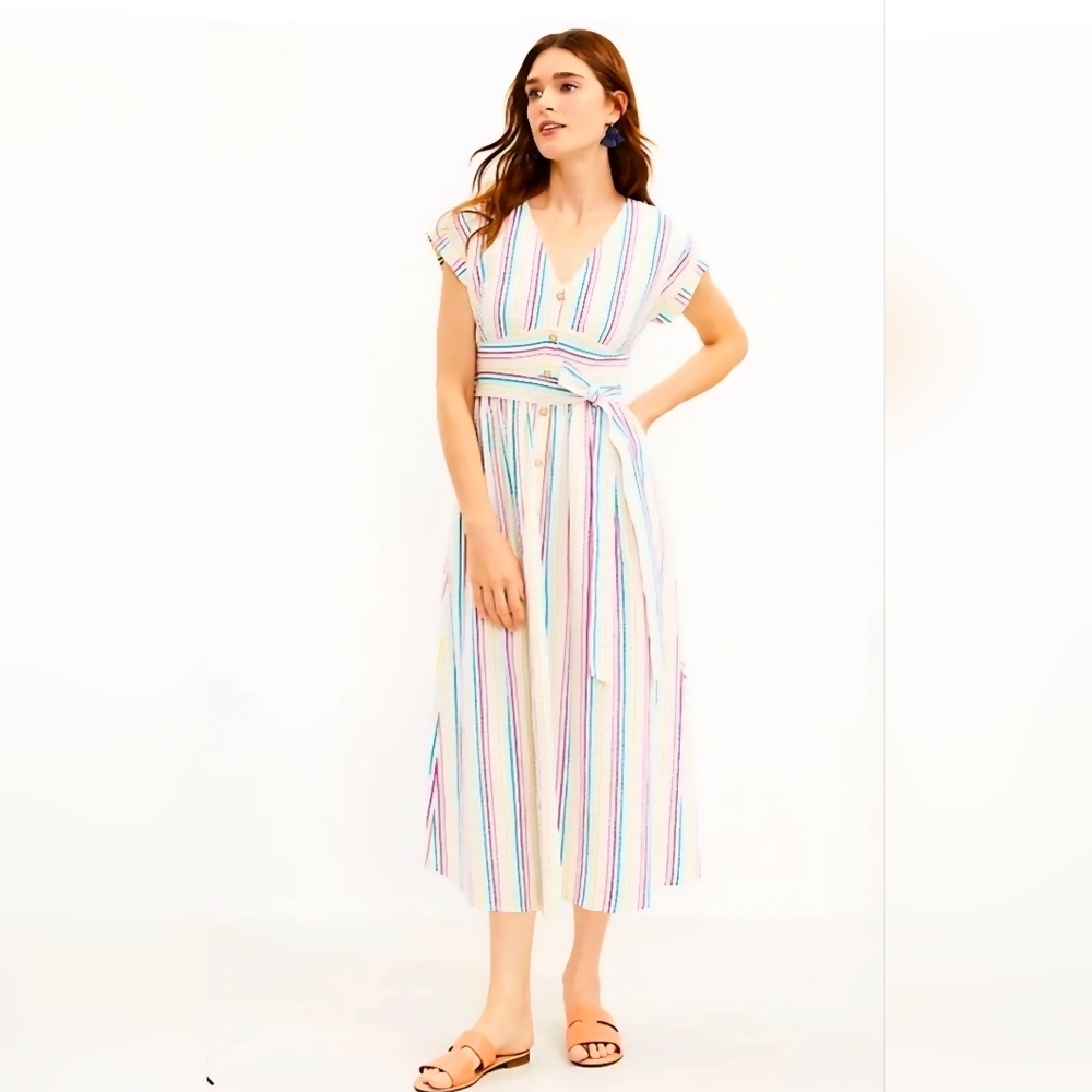 Loft Striped Button Tie Waist Midi Dress, Size 8